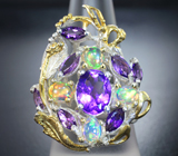 Серебряное кольцо с аметистами и кристаллическими эфиопскими опалами Серебро 925