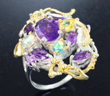 Серебряное кольцо с аметистами и кристаллическими эфиопскими опалами Серебро 925