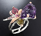 Серебряное кольцо с резным аметистом, разноцветными турмалинами и родолитами Серебро 925