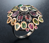 Серебряное кольцо с разноцветными турмалинами и родолитами Серебро 925