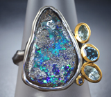 Серебряное кольцо с болдер опалом, турмалином, аквамаринами и синим сапфиром Серебро 925