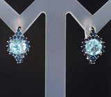 Серебряные серьги с голубыми топазами и синими сапфирами бриллиантовой огранки