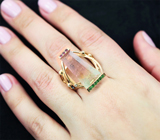 Золотое кольцо с крупным арбузным 18,62 карата и розовыми турмалинами, цаворитами и бриллиантами