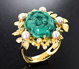 Золотое кольцо с резной армянской бирюзой 9,56 карата, жемчугом и бриллиантами Золото