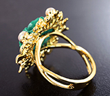 Золотое кольцо с резной армянской бирюзой 9,56 карата, жемчугом и бриллиантами Золото