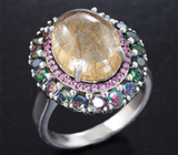 Шикарное серебряное кольцо с рутиловым кварцем, черными опалами и розовыми сапфирами бриллиантовой огранки Серебро 925