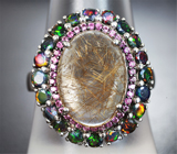Шикарное серебряное кольцо с рутиловым кварцем, черными опалами и розовыми сапфирами бриллиантовой огранки Серебро 925