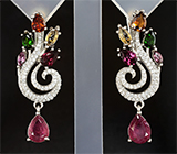 Праздничные сребряные серьги с рубинами, родолитами, диопсидами и разноцветными турмалинами Серебро 925