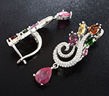 Праздничные сребряные серьги с рубинами, родолитами, диопсидами и разноцветными турмалинами Серебро 925