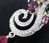 Праздничные сребряные серьги с рубинами, родолитами, диопсидами и разноцветными турмалинами Серебро 925