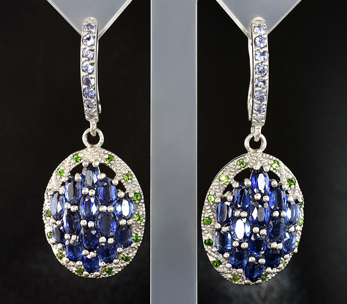 Великолепные серебряные серьги с кианитами, танзанитами и диопсидами
