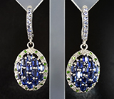 Великолепные серебряные серьги с кианитами, танзанитами и диопсидами Серебро 925