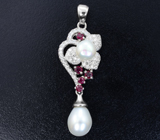 Эффектный серебряный кулон с жемчугом и рубинами Серебро 925