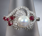 Эффектное серебряное кольцо с жемчужиной и рубинами Серебро 925