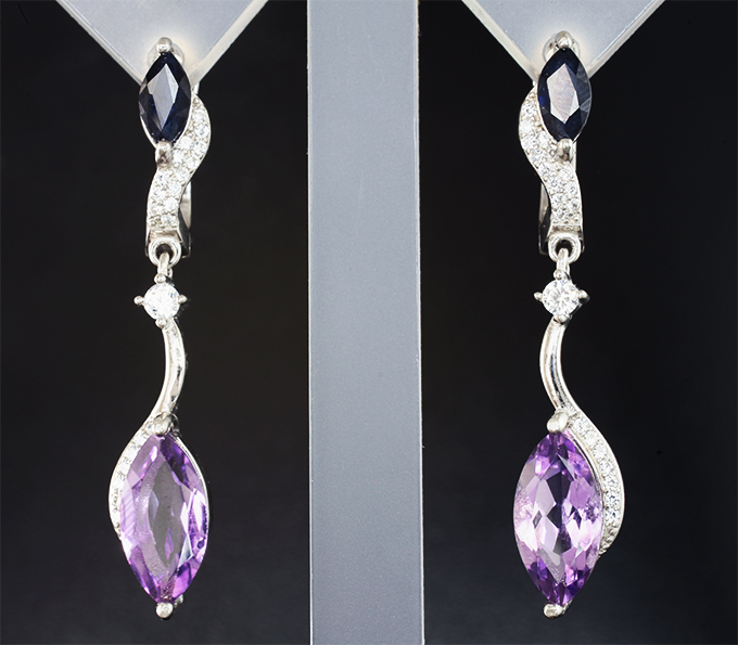 Элегантные серебряные серьги с аметистами и синими сапфирами