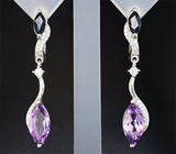 Элегантные серебряные серьги с аметистами и синими сапфирами Серебро 925