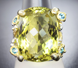 Серебряное кольцо с лимонным цитрином 30+ карат и голубыми топазами Серебро 925