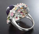 Серебряное кольцо со сливовым аметистом, разноцветными турмалинами и цитринами