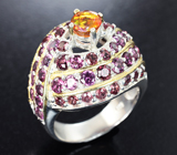 Серебряное кольцо с ограненным оранжевым опалом и родолитами Серебро 925