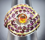 Серебряное кольцо с ограненным оранжевым опалом и родолитами Серебро 925