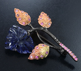 Серебряное брошь с резным иолитом и розовыми сапфирами Серебро 925