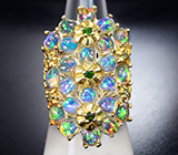 Серебряное кольцо с кристаллическими эфиопскими опалами, диопсидами и перидотами Серебро 925