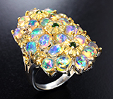 Серебряное кольцо с кристаллическими эфиопскими опалами, диопсидами и перидотами Серебро 925