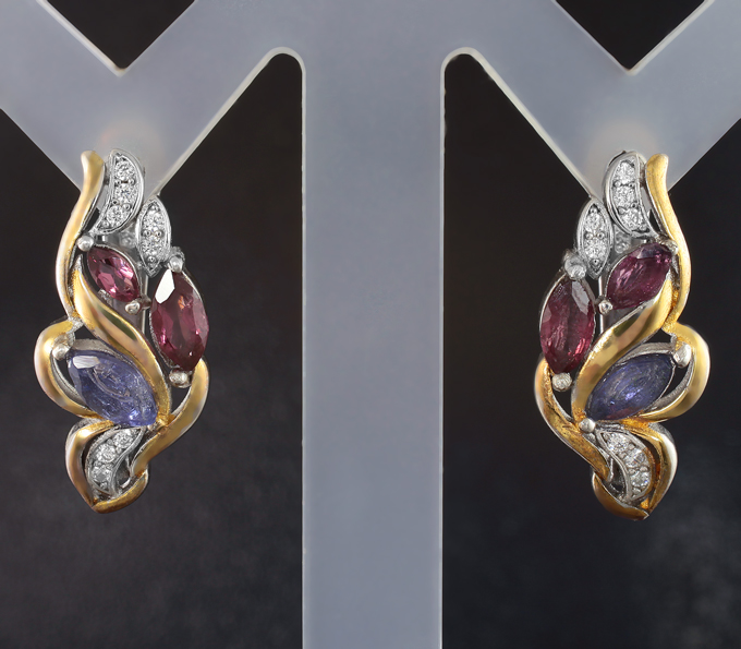 Серебряные серьги с танзанитами и родолитами