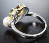 Романтичное серебряное кольцо с жемчужиной, перидотом, кабошоном цитрина и желтым сапфиром Серебро 925