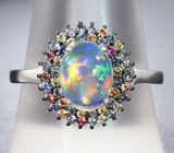 Праздничное серебряное кольцо с эфиопским опалом и разноцветными сапфирами бриллиантовой огранки Серебро 925