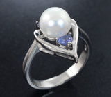 Чудесное серебряное кольцо с жемчужиной, танзанитом и синими сапфирами Серебро 925