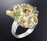 Сребряное кольцо с цитринами, перидотом, желтым и зелеными турмалинами