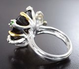 Серебряное кольцо с дымчатым кварцем 16+ карат и диопсидами