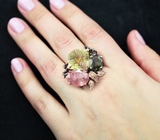 Серебряное кольцо с резным цитрином, розовым и зеленым турмалинами Серебро 925