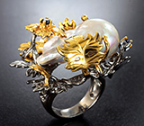 Серебряное кольцо с жемчужиной барокко 40,07 карата и синими сапфирами Серебро 925