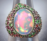 Серебряное кольцо с кристаллическим эфиопским опалом 6,65 карата, разноцветными сапфирами, цаворитами и родолитами