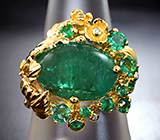Золотое кольцо с россыпью уральских изумрудов 7,49 карата и бриллиантами! Высокие характеристики