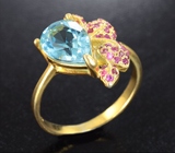 Серебряное кольцо с голубым топазом и розовыми сапфирами