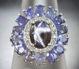 Серебряное кольцо cо звездчатым сапфиром и танзанитами Серебро 925