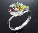 Прелестное серебряное кольцо с родолитом, зеленым турмалином, цитрином и перидотом Серебро 925