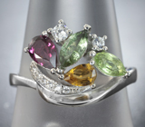 Прелестное серебряное кольцо с родолитом, зеленым турмалином, цитрином и перидотом