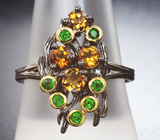 Черненое серебряное кольцо с цитринами и диопсидами Серебро 925