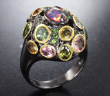 Серебряное кольцо с черным опалом, разноцветными турмалинами и диопсидами