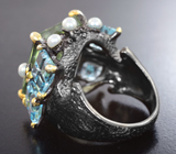 Серебряное кольцо с зеленым аметистом 28+ карат, голубыми топазами и жемчугом Серебро 925
