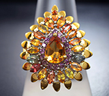 Праздничное серебряное кольцо с цитрином, разноцветными сапфирами и родолитами Серебро 925