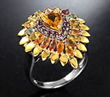 Праздничное серебряное кольцо с цитрином, разноцветными сапфирами и родолитами
