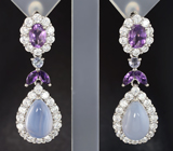 Праздничные серебряные серьги с халцедоном и аметистами Серебро 925