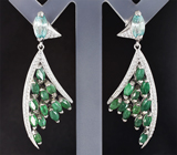 Замечательные серебряные серьги с голубыми цирконами и изумрудами Серебро 925