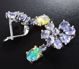Эффектные серебряные серьги с кристаллическими эфиопскими опалами и танзанитами Серебро 925