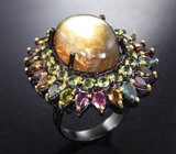 Серебряное кольцо с лабрадоритом, перидотами и разноцветными турмалинами